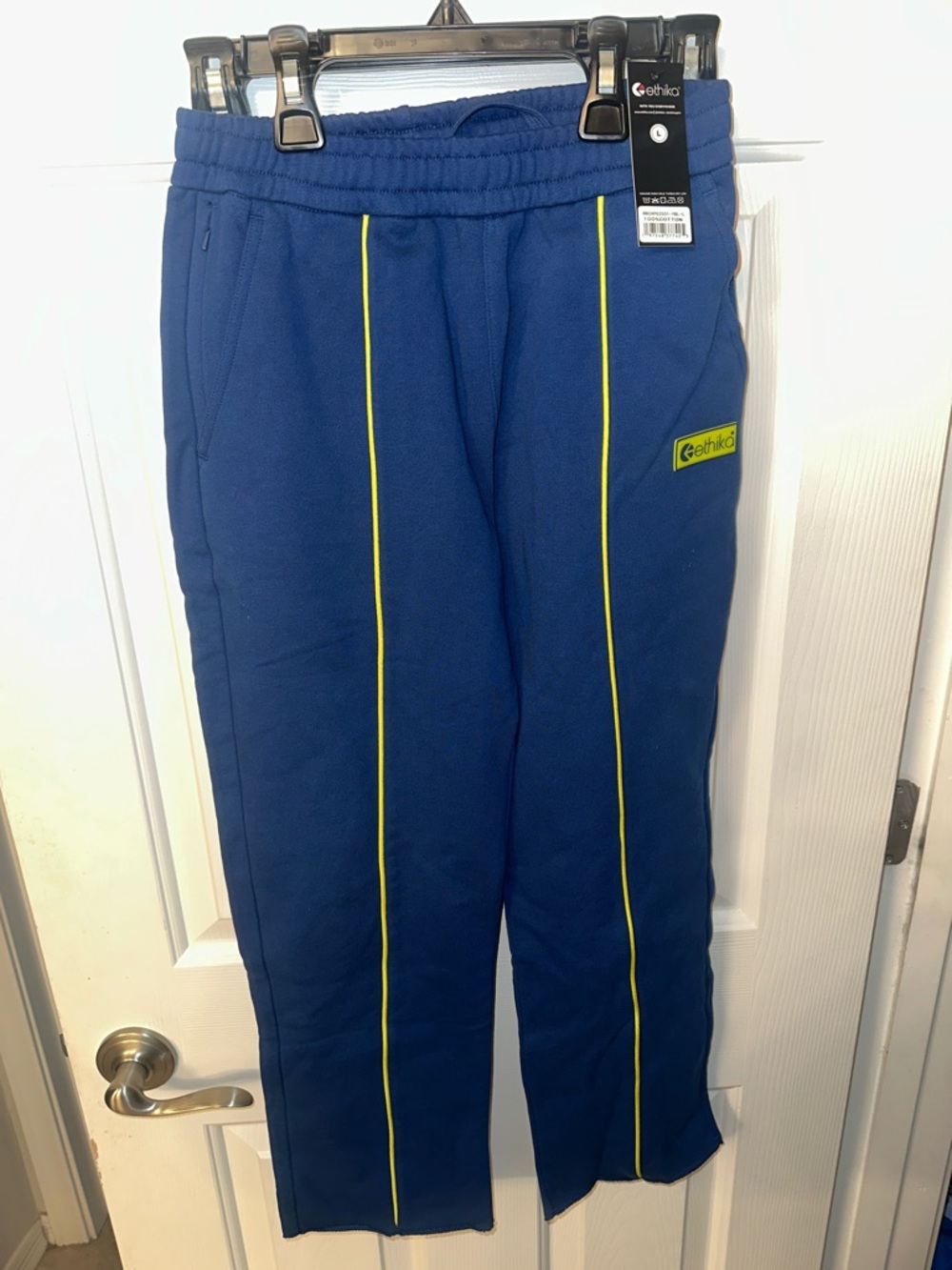 ethika Blue Jogger Pants with Neon Yellow Piping. Youth size large.